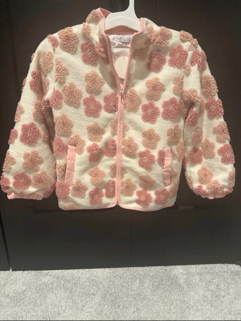 Girls Plush Flower Zip-Up Jacket in Pink & Cream